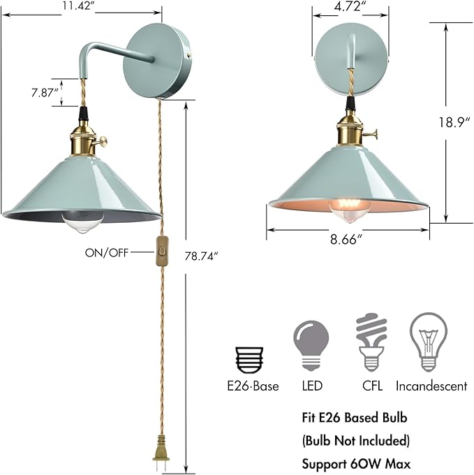 Sea Green Wall Sconce 2-Pack, Hanging Height-Adjustable Wall Lamp, Plug-in&Hardwire Optional Wall Light Fixture with On/Off Switch for Bedroom Coffee Bar