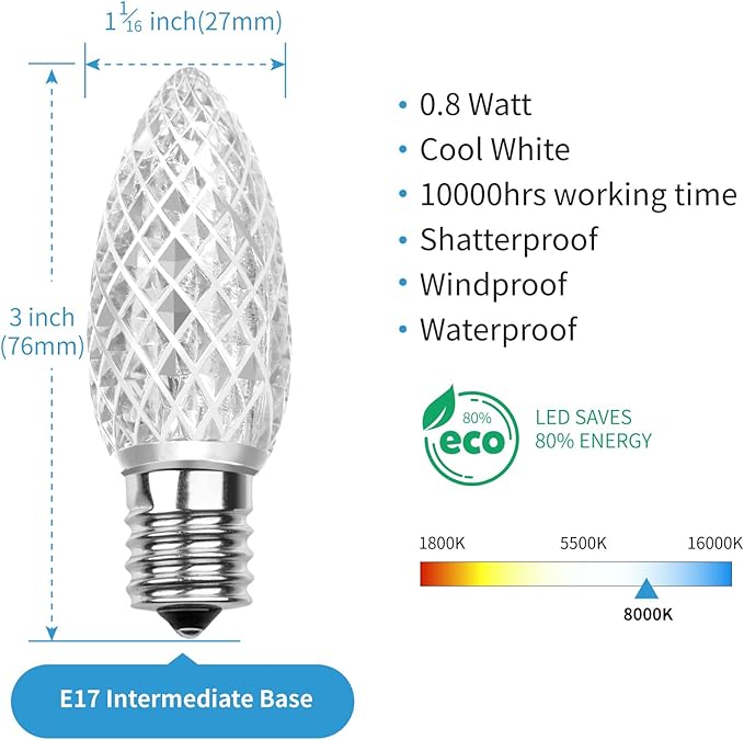 Meconard C9 Led Replacement Christmas Light Bulbs, C9 Shatterproof Led Bulbs for Christmas Indoor Outdoor String Lights, E17 Intermediate Base, Commercial Grade Holiday Bulbs, Cool White, 25Pack