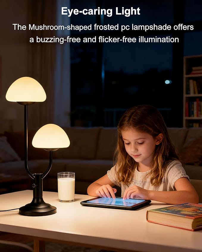 Lightdot Mushroom Table Lamp for Bedroom, Desk Bedside Small Lamps for Living Room Night Stands, Cute Modern Mid Century Lamps Dimmable with 2 LED Bulbs, Unique Aesthetic Home Decor-Black
