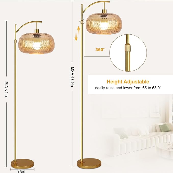 Glass Floor Lamp for Living Room,Bedroom,Gold Mid Century Modern Standing Lamp with Remote,Dimmable Brass Tall Lamp Amber Lamp Vintage Retro Arc Floor Lamps Floor Light Boho Bohemian
