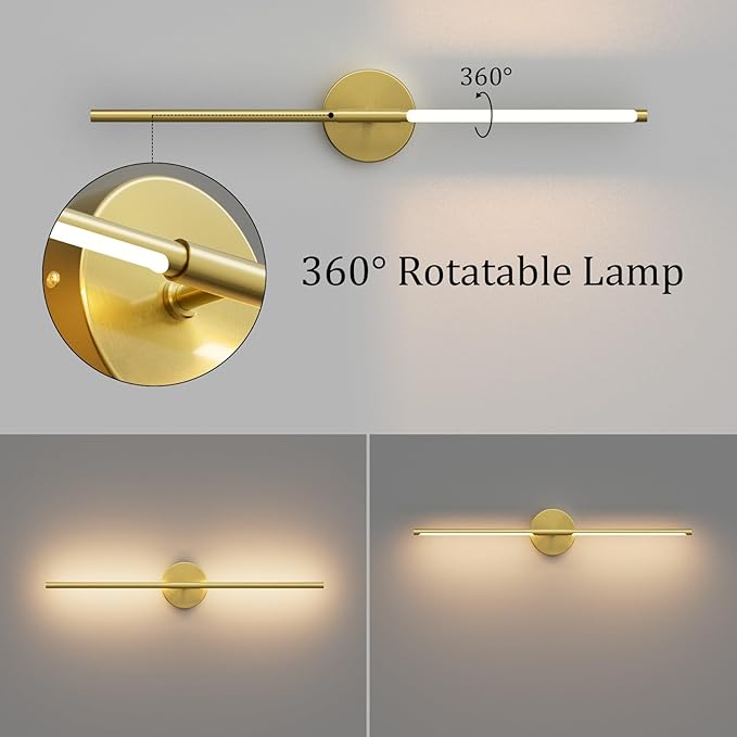 28In Gold Wall Sconce Set of Two,Modern Hardwired Bathroom Wall Sconces Vantiy Light 3000K LED 360° Rotatable for Bedroom Bathroom Living Room (2 Pack)
