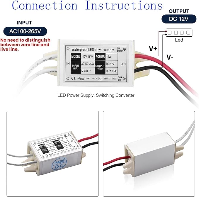 DC 12V Power Supply Driver Transformer - 15W Waterproof IP67 120VAC to 12V DC Converter Constant Voltage Switching Power Supply for LED Strip Lights, G4 MR11 MR16 Display (2-Pack)
