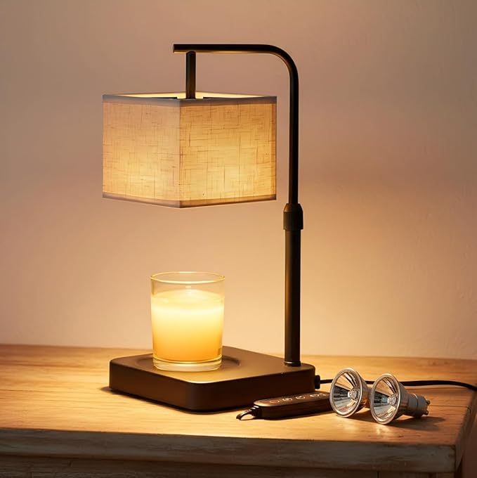 Candle Warmer Lamp with Timer & Dimmable, Height Adjustable Wax Warmer with Linen Shade & 2 Extra Bulbs, Flameless Candle Melter for Jar Candles, Gifts & Bedroom Decor
