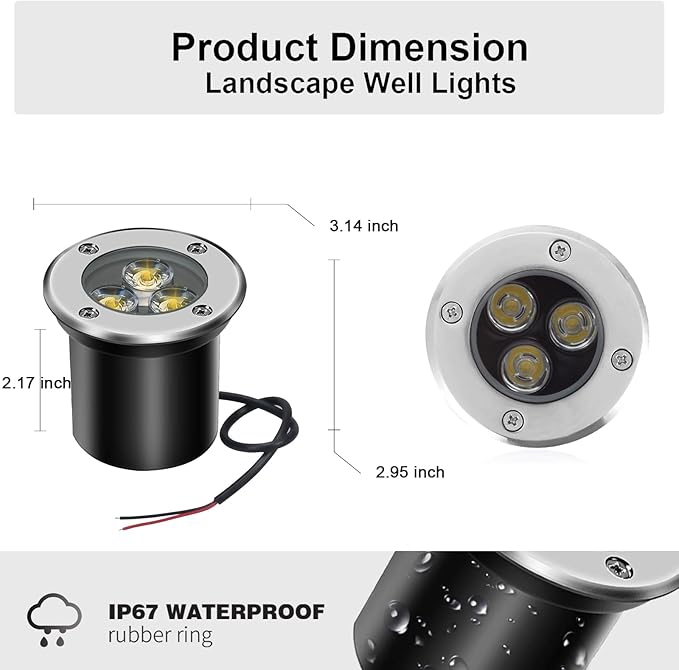 Low Voltage LED In-ground Lights Well Light Landscape Light with Connectors 3W 12V 24V Waterproof IP67 Pathway Lights Outdoor spotlights Trees Flags for Garden,Yard,Tree (Warm White, 3W-1)
