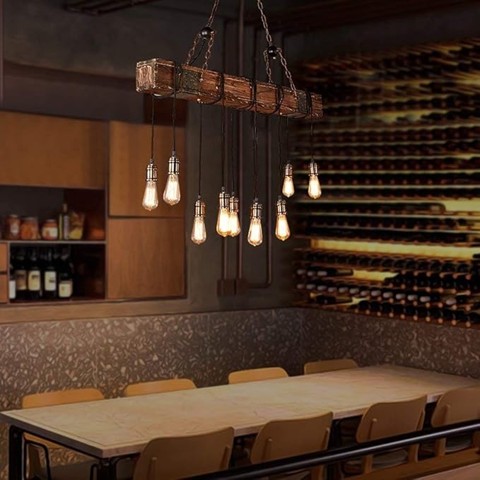 Rustic Farmhouse Chandeliers for Dining Room & Kitchen Island 10-Light Adjustable Wooden Pendant Lighting 43.3" Retro Ceiling Hanging Light for Bar & Pool Table
