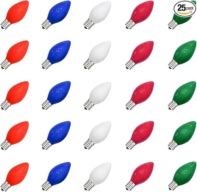 25 Pack C7 Christmas Replacement Bulbs Vintage Multicolor Christmas Bulbs, Colored Night Light Bulb, Ceramic Light Bulbs 5 Watt E12 Candelabra Base Vintage Bulb Xmas Tree Decorative