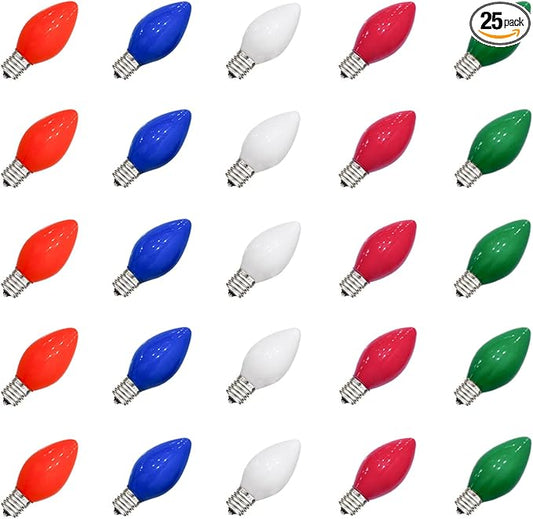 25 Pack C7 Christmas Replacement Bulbs Vintage Multicolor Christmas Bulbs, Colored Night Light Bulb, Ceramic Light Bulbs 5 Watt E12 Candelabra Base Vintage Bulb Xmas Tree Decorative