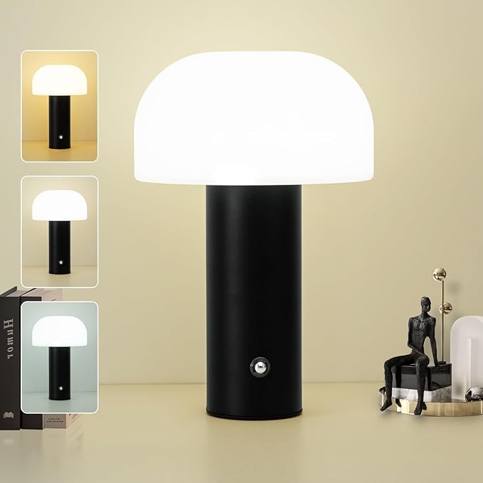 Cordless Mushroom Table Lamp Rechargeable,4000mAH Portable Battery Operated Lamp,3 Color Stepless Dimming Modern Lamps for Bedside Lamps,Touch Dimming Night Light for Home/Restaurant Black