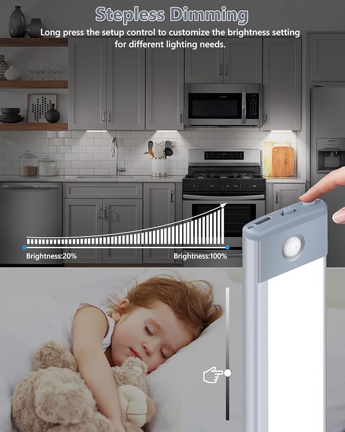 PRIORARE Motion Sensor Under Cabinet Lighting 3 Color Temperatures, 60-LED Wireless Closet Light, USB-C Rechargeable Battery Powered Operated Lights, Magnetic Activated Cupboard Night Light 2 Pack