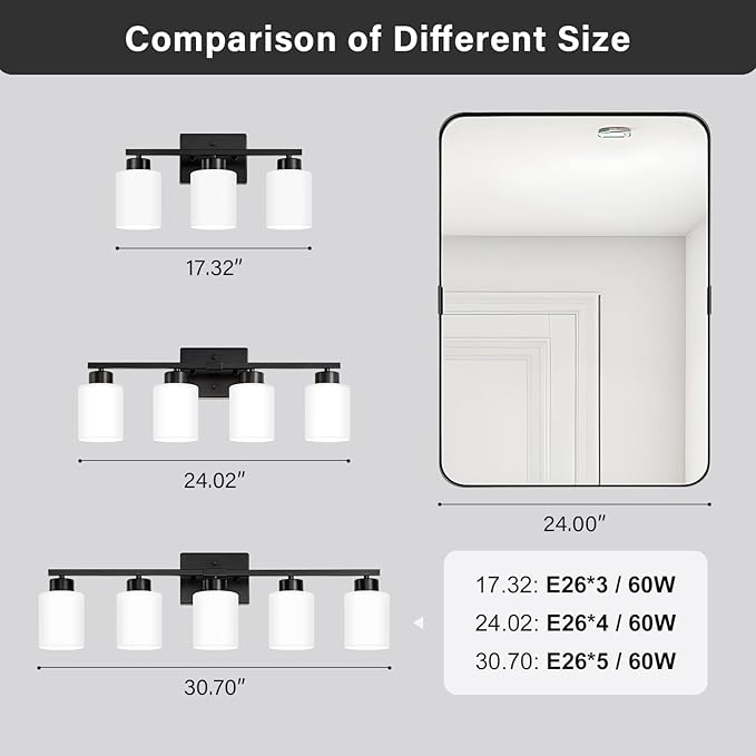 Black Bathroom Light Fixtures, 5-Light Modern Vanity Light Over Mirror, Wall Sconces with Milky White Frosted Glass Shades, E26 Socket (Bulbs Not Included)