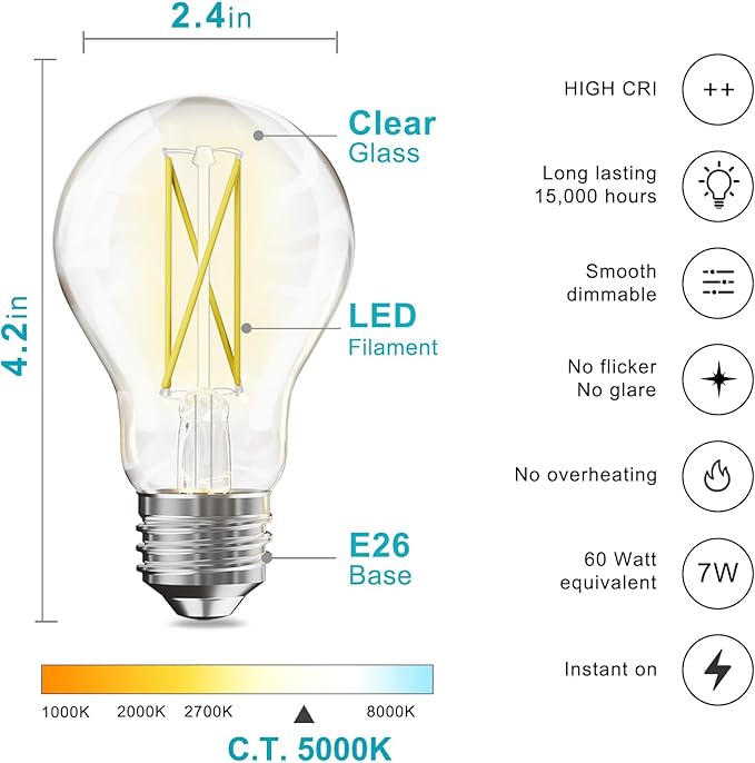 VOLIVO 12 Pack A19 Vintage LED Edison Bulbs, Dimmable, 60W Equivalent, High Brightness 5000K Daylight, Ultra-Bright, 7W E26 Standard Base, CRI80+, 800Lumens, Clear Glass Filament Bulb for Home