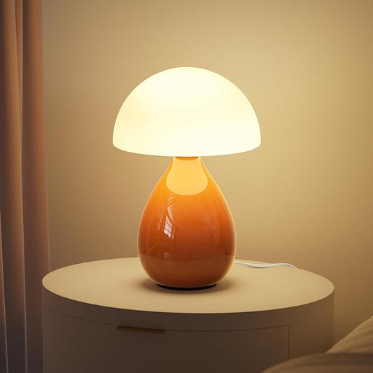 Mushroom Lamp, Vintage Small Table Lamp for Bedroom, Ice Crack Ceramic LED Night Light for Kids, Mid Century Modern Bedside Lamp for Nightstand, Living Room, Home Decor Gift Ideas for Women, Orange