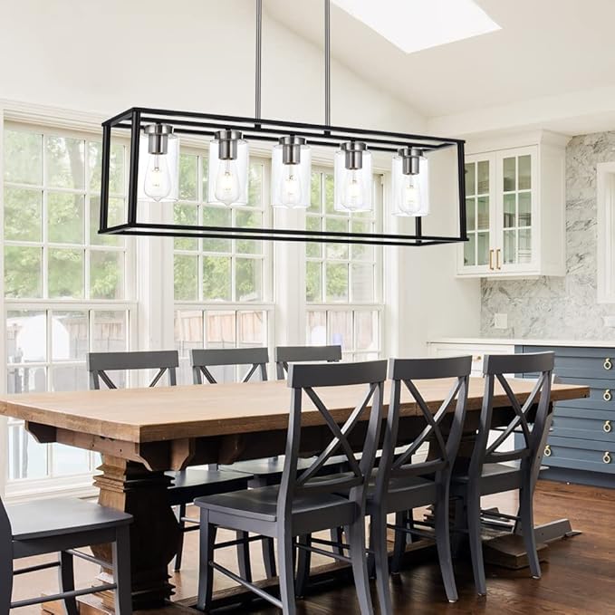 VINLUZ Modern Chandeliers Brushed Nickel and Black 5 Light Rectangle Dining Room Lighting Fixtures Hanging with Clear Glass Shade, Farmhouse Kitchen Island Pendant Lights Ceiling for Living Room