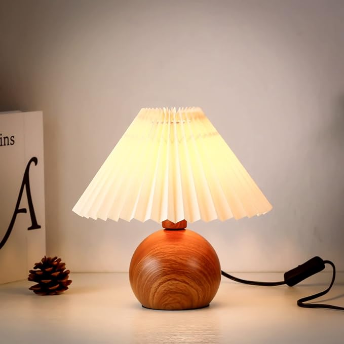 KUNJOULAM Cute Small Pleated Lamp, Modern Bedside Nightstand Light with Beige Lampshade, Wooden Pattern Metal Base Desk Lamp for Bedroom, Home Office, Living Room