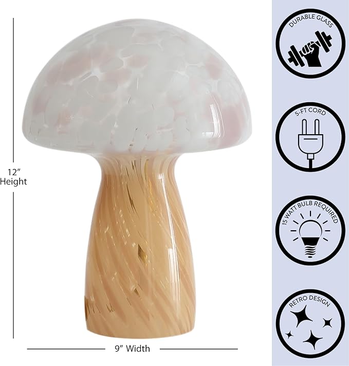 Urban Lifestyle 12" Blush Tortoise Glass Mushroom Lamp, Modern Retro Table Lamp for Bedroom, Living Room, or Office Décor
