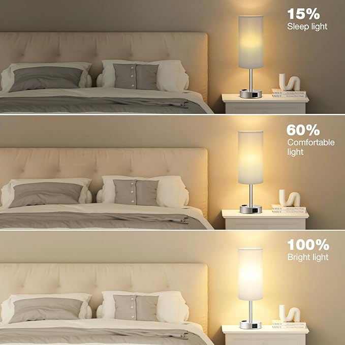 Fenmzee Light Grey Table Lamp for Nightstand - 3 Way Dimmable Touch Bedside Lamp USB C and A Charging Ports and AC Outlet, Small Desk Lamp with Silver Base for Office Nursery, LED Bulb Included