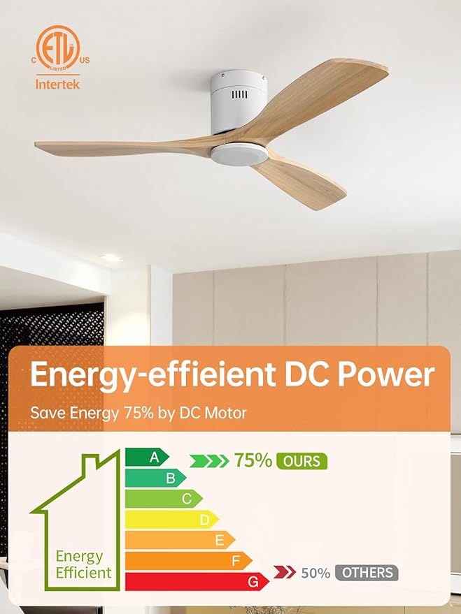 Sofucor Ceiling Fan without Lights, 52 Inch Low Profile Flush Mount Mordern Wood Ceiling Fan with Remote for Indoor Farmhouse Bedroom Living Room Outdoor Patio Porch, Reversible DC Motor, Noiseless