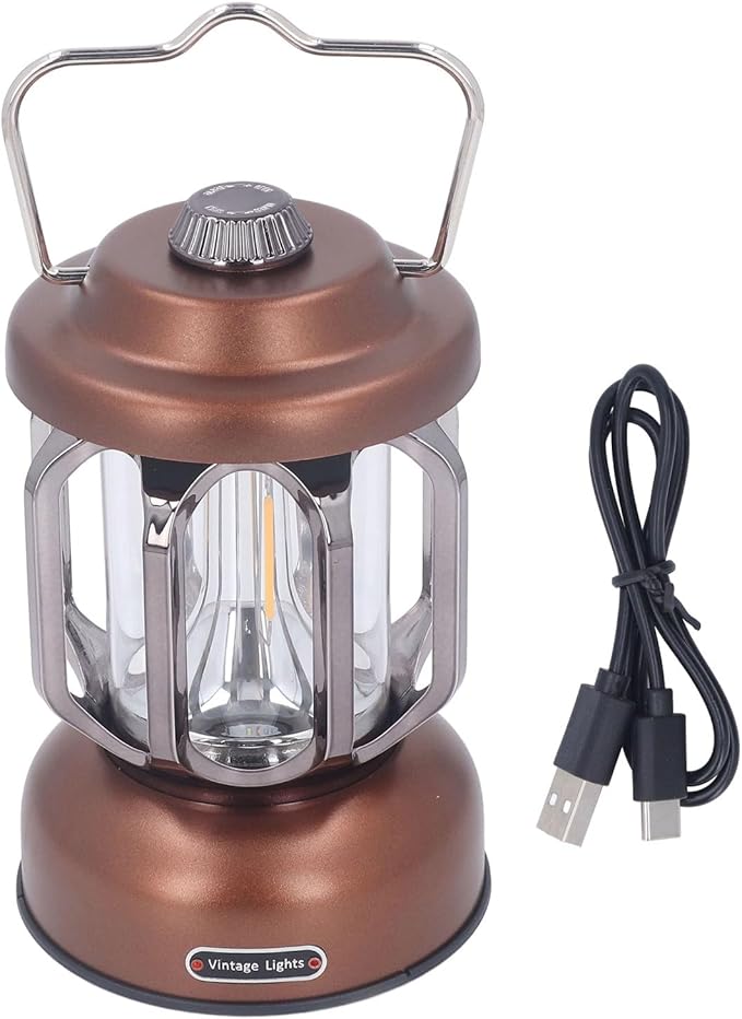 Retro Camping Lantern, Rechargeable LED Tent Lamp with 3 Light Modes, Dimmable Vintage Camping Light with Hook, USB Type C Portable Lantern for Garden Outdoor (Brown)