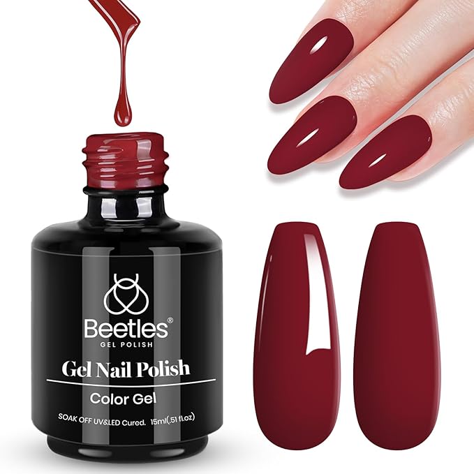 Beetles Red Gel Polish, Burgundy Red Color Gel Nail Polish Soak Off UV Lamp Wine Red Nail Polish, Home Salon DIY Design Art Manicure Gift for Women, 1Pcs 15ml