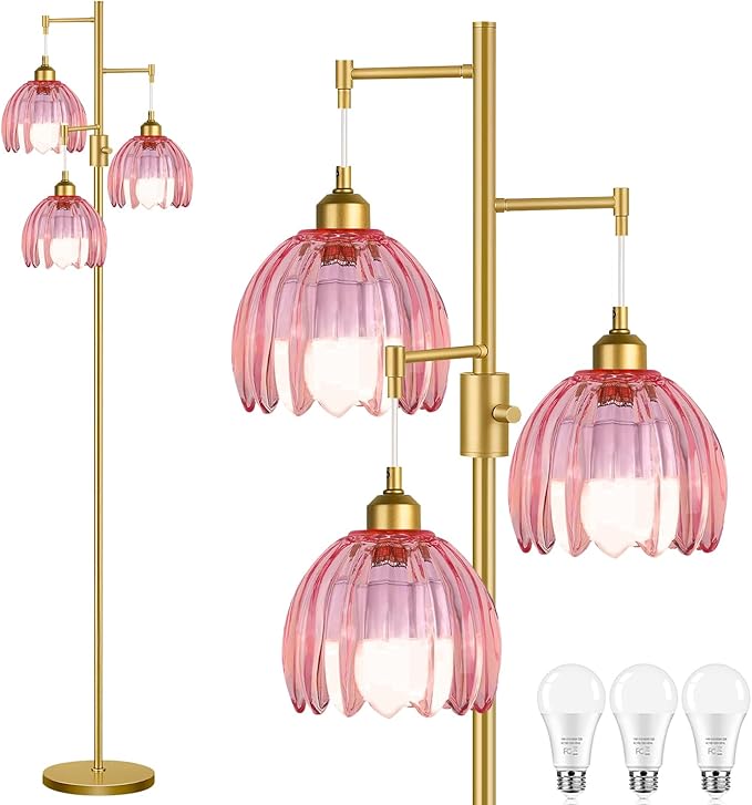 Gold Floor Lamps for Living Room Vintage Pink Floor Lamp with Glass Lmapshape & Three Led Bulb,Dimmable Mid Century Modern Standing Lamp Tall Tree Flower Floor Lamps for Bedroom,Office,Corner