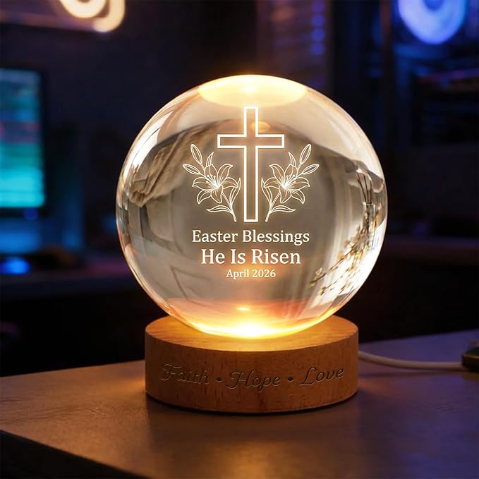 Christian Easter Cross Crystal Ball LED Night Light, He is Risen Engraved Glass Globe Lamp with Wooden Base, Faith Hope Love Religious Easter Blessing Gift April 2026 Decor
