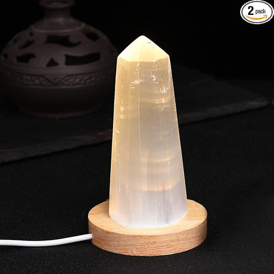 JIC Gem USB Selenite Lamp Hexagonal Crystal Points Selenite Tower Lamp Morocco Skyscraper 4 Inch with Wooden Light Stand Base