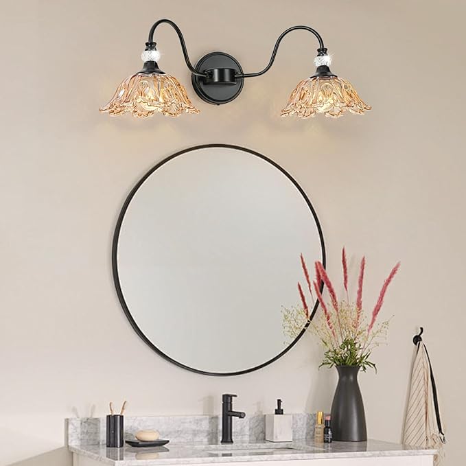 Black Bathroom Vanity Light, 2-Light Vanity Light with Floral Amber Glass Shades,Vintage Farmhouse Wall Mount Lighting for Bathroom, Dressing Table