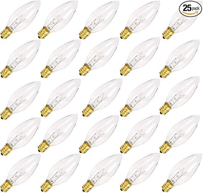 25 Pack Clear Torpedo Tip Replacement Bulbs, Replacement Light Bulbs for Electric Candle Lamps, Window Candles, Chandeliers- Clear Incandescent E12 Candelabra Base Light Bulbs- 120V 7 Watts Bulbs