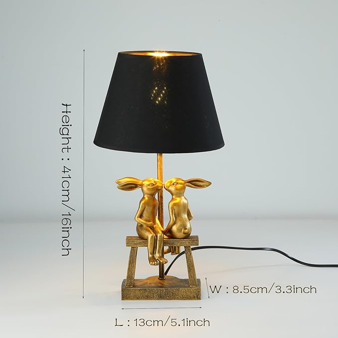 Kissing Bunny Lamp, H16in Gold Resin Rabbit Table Lamp, Valentine's Day Heartfelt Token, Energy Saving Night Light for Bedroom & Nightstand(Small Black Shade)