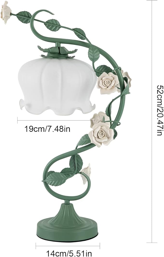 Flower Desk Lamp, E26 Glass Table Lamp Reading Light for Small Space Bedroom Home Office, Bedside Lamp with Soft Light, Applicable 3-5m² Area (Green, 5.5" W x 20.4" H)