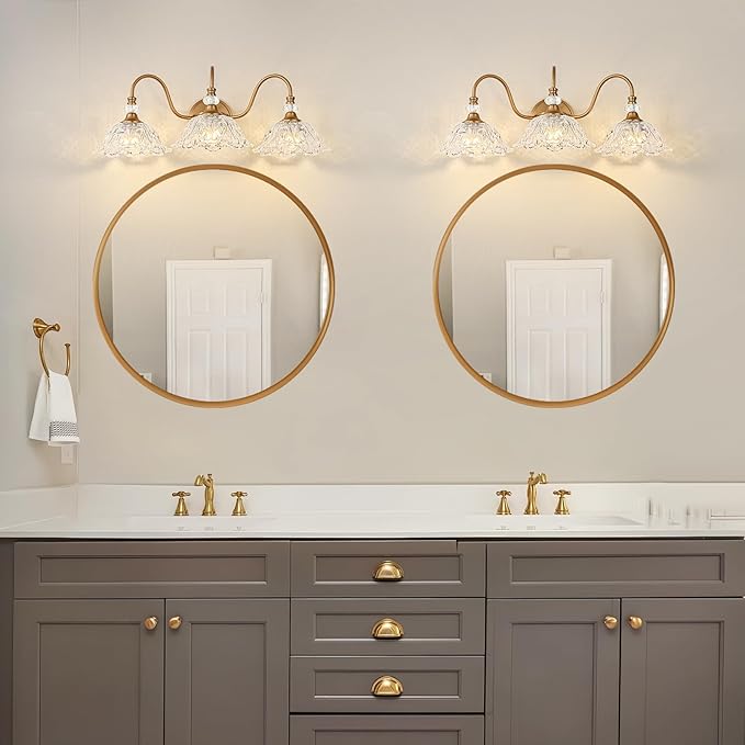 Vintage Bathroom Vanity Light, 3-Light Matte Deep Brass Finish Vanity Light with Flower-Shaped Clear Glass Shades, Retro Wall Sconce for Bathroom