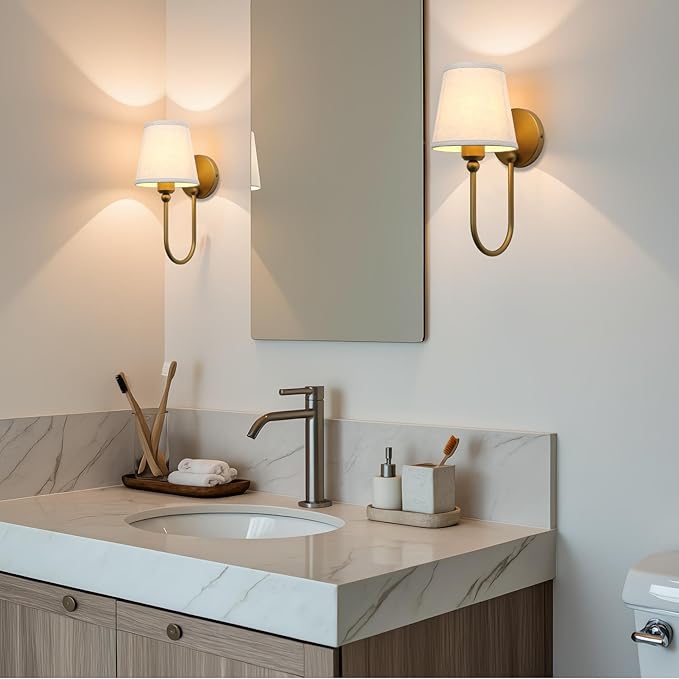 Pathson Antique Linen Fabric Wall Sconces Set of 2, Hardwired Curved Arm Bathroom Vanity Light, Indoor Wall Decor Lamp for Living Room, Kitchen, Bedroom, Foyer