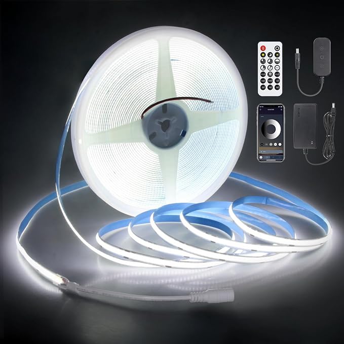 Aclorol 50FT COB LED Strip Lights 24V Cold White 6000K Dimmable LED Light for Bedroom with Remote and App Control 8mm Width LED Flexible Tape Lights for Cabinet Room Kitchen Mirror TV Bookshelves