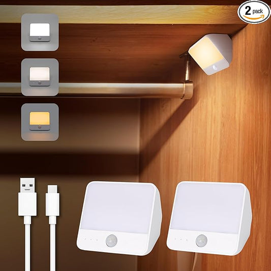 Motion Sensor Light Indoor Rechargeable, Battery Night Light 2000mAh, Motion Activated Night Lights Stick on 2 Pack, Dimmable Stair Lights for Bathroom, Hallway, Kitchen, Traveling, Cabinet