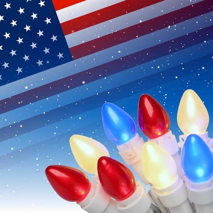 Red White and Blue String Lights 50 LED C3 Glass 4th of July String Light White Wire Independence Day Decor LED String Lights for Bedroom Patriotic Decoration Memorial Day Presidents Day