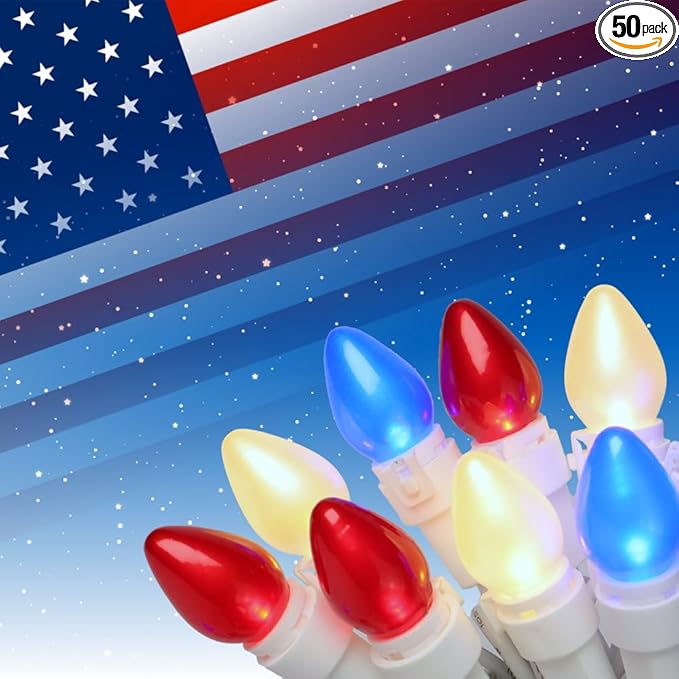GlowVibe Red White and Blue String Lights, 4th of July, C3 Glass 13.5 ft 50 LED Plug in Lights for Home Patio Garden Yard Memorial Day Independence Day Patriotic Decorations Outdoor, White Wire