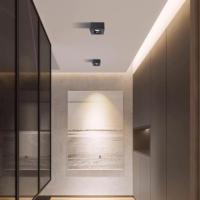 LED Dimmable Square Ceiling Spotlight Aluminum Black Wide 4.61 in Ultra-Thin 2.16 in Downlight Modern Ceiling Mounted Spot Light Fixture for Living Room Hallway Foyer CRI 98 12W 3000K 002