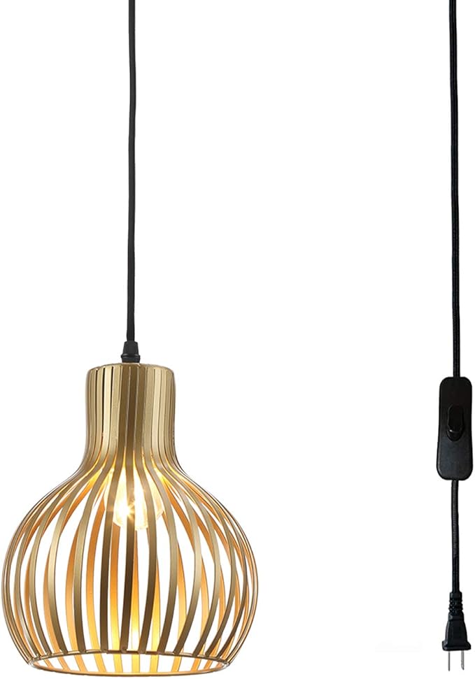 Industrial Wire Cage Plug in Pendant Lighting Metal Hanging Light Fixture with 14.27 Ft Hanging Cord and On/Off Switch (Gold)