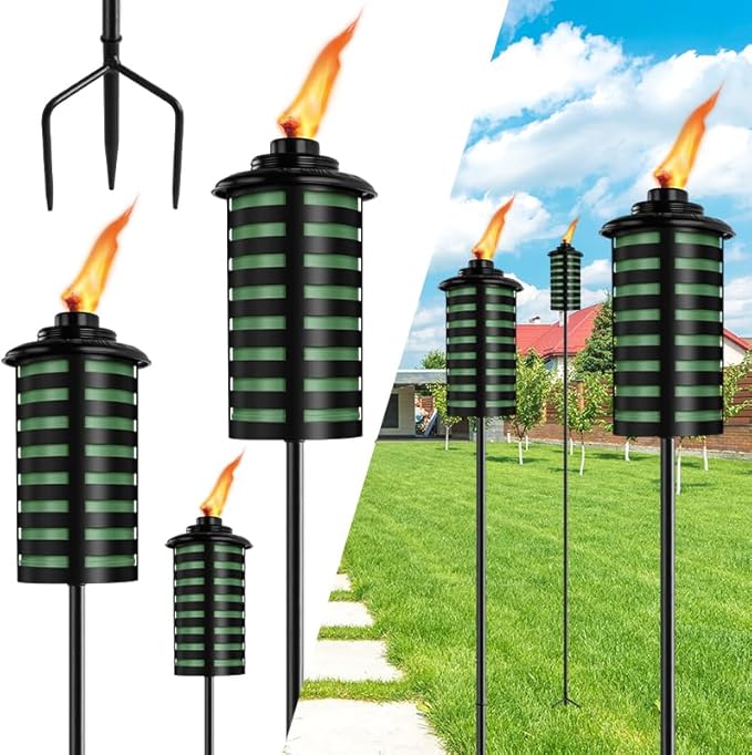 6 Pack Home Garden Torch, 16 Oz Outdoor Green Metal Torch Garden Décor,59-Inch Upgraded Citronella Torches with 3-Prong Grounded Stake, Metal Light Torches for Party Patio Pathway
