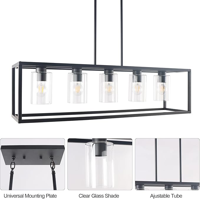 Kalium Chandeliers for Dining Room, 5 Light Dining Room Light Fixture Modern Metal Industrial Kitchen Lighting Fixtures Easy Installation Pendant Lights for Bar Restaurant, Coffee Shop-E26 Base,Black