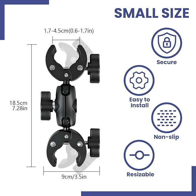 Double Ball Head Camera Clamp - Adjustable Mounting Bracket with Pliers-Style Grips for Photo Studio Equipment, Light Stands, Reflectors, Monitors, and Golf Cart Crossbars（6-9inch）