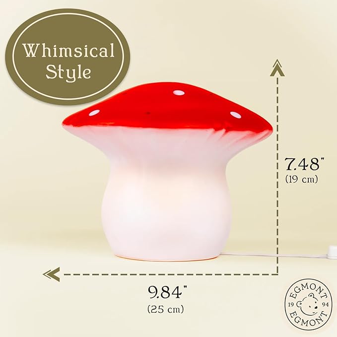 Egmont Toys Red Mushroom Lamp – Cute Vintage Night Light, Small Lamp for Bedroom or Bedside, Soft Ambient Lighting Mushroom Decor, Small Nightstand for Cozy Home Decor, Living Room (Medium)