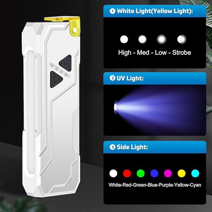 Multi-Feature EDC Flashlight Rechargeable with 7-Colors Side Light Magntic Bace Yellow Light Diffuser and UV Light for Travel Work Camp Dog Walk