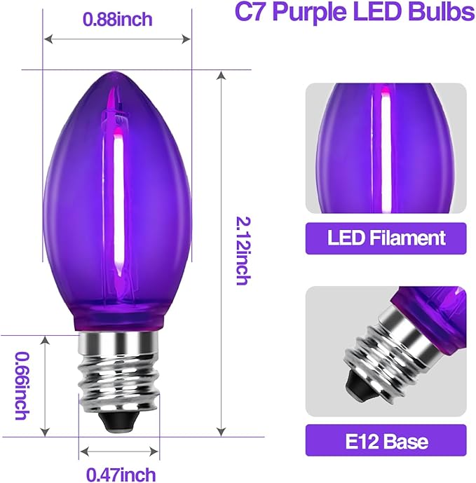 C7 Replacement Bulbs, Dark Purple LED Halloween Lights, Christmas Light Replacement Bulbs for Xmas Tree Patio Holiday Party Prom Wedding Decor, E12 Candelabra Base -10 Pack