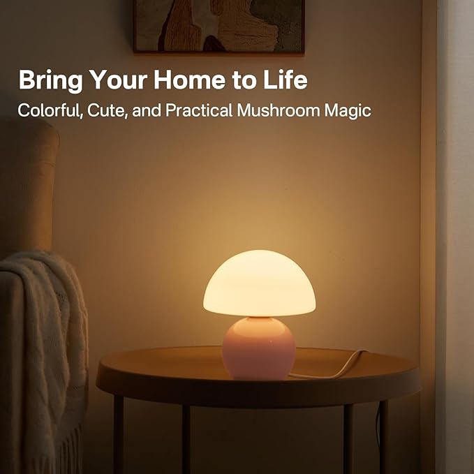 Mushroom Lamp Desk Lamp for Bedroom,Table Bedside Small Lamps for Living Room,Mushroom Decor Cute Mini Modern Mid Century Lamps for Night Stands,Unique Aesthetic Home Living Room Decor(Pink)