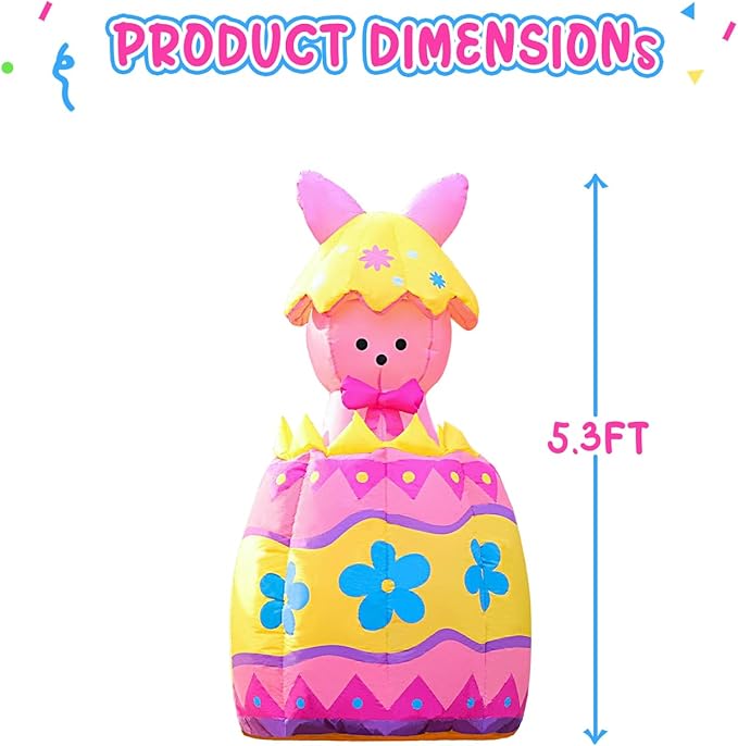 Domkom Up & Down 5.3FT Tall Easter Inflatable Bunny Outdoor Decorations, Build-in LED Lights Holiday Blow Up Yard Decoration, for Easter&Spring, Outdoor,Garden, Yard Lawn Décor