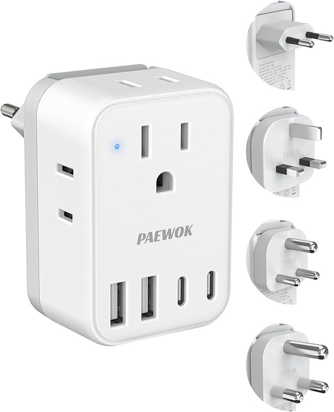 Travel Adapter Set, European Travel Plug Adapter 4 AC Outlets 4 USB Ports (2 USB C), US to UK/EU/South Africa/India, Universal Travel Adapter Kit Include Type G/C/M/D Detachable Plug