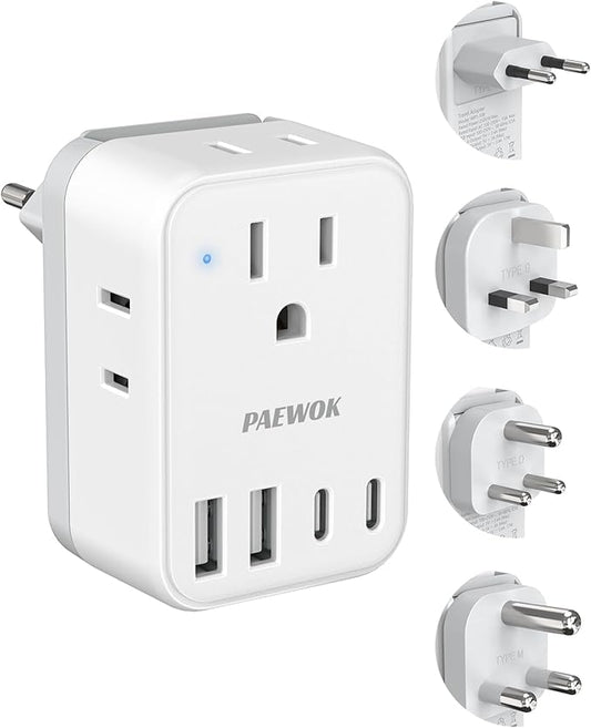 Travel Adapter Set, European Travel Plug Adapter 4 AC Outlets 4 USB Ports (2 USB C), US to UK/EU/South Africa/India, Universal Travel Adapter Kit Include Type G/C/M/D Detachable Plug