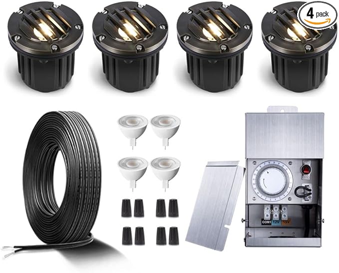 Gardenreet Brass Well Lights Kit(4 Pack) with 75W Low Voltage Transformer & MR16 Bulb & 100Feet Wire & Connectors, 12V LED In Ground Lighting for Outdoor Yard Garden Paver Tree Path(Grated Top)