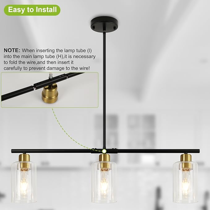WILON Kitchen Island Lighting, 3 Lights Black Linear Chandeliers Modern Farmhouse Chandelier with Glass Shades for Kitchen Island Living Dining Room Foyer Bedroom (Black Gold, 3 Lights)
